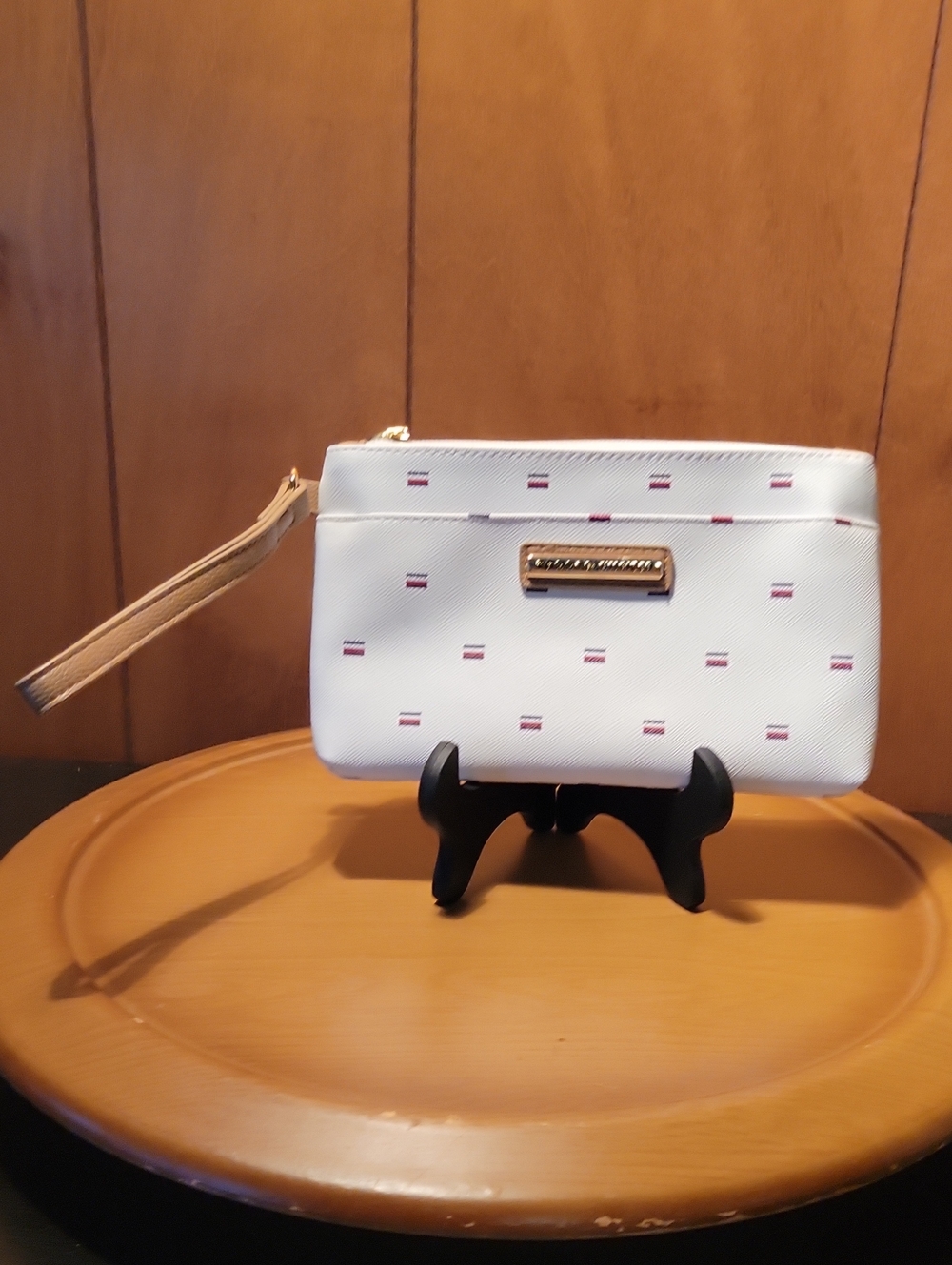 Tommy Hilfiger White Wristlet with Gold Plaque and Tan Strap